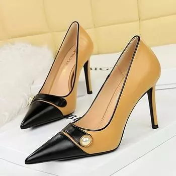 Обувь BIGTREE, женские туфли-лодочки в стиле ретро, жемчужный цвет, туфли на высоком каблуке с острым носком, кожаная обувь на шпильке, пикантная обувь для вечеринок 34 чёрный