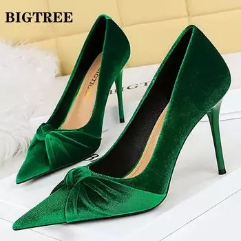 Обувь BIGTREE, женские туфли-лодочки, винтажные модельные туфли в стиле ретро, зеленые, черные женские туфли на тонком высоком каблуке из флока, туфли на шпильке с острым носком, туфли для банкетов, большие размеры 43 34 чёрный