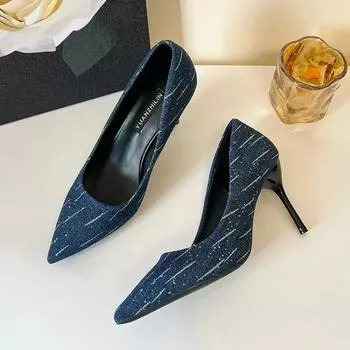 Обувь больших размеров Модные женские летние туфли на высоком каблуке Свадебные туфли Джинсовые туфли на шпильке с острым каблуком Рабочая обувь на каблуке 8 см 34 чёрный