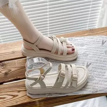 Обувь Босоножки с открытым носком для женщин на низком каблуке Лето 2024 Пряжки Женские туфли Черные в римском стиле Платформа Ежедневная распродажа FH 35
