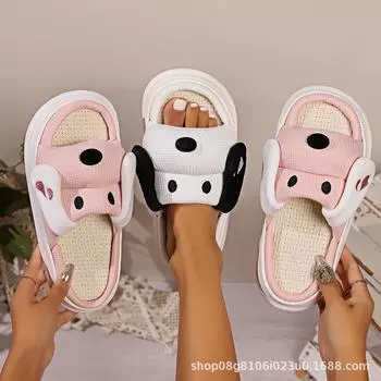 Обувь четыре льняные тапочки животные мультфильм домашнее использование толстая подошва нескользящая впитывающая пот верхняя одежда хлопок и лен прохладные тапочки 36-37