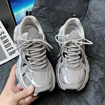 Обувь Daddy Shoes женская весна 2024 года, новая серебристая, дышащая, универсальная, легкая, на толстой подошве, увеличивающая рост, спортивная и любительская обувь 35 розовый