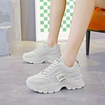 Обувь Daddy женская весна и осень новая корейская версия спортивная обувь на платформе женская кожаная поверхность мода усиление повседневная обувь 35 бежевый