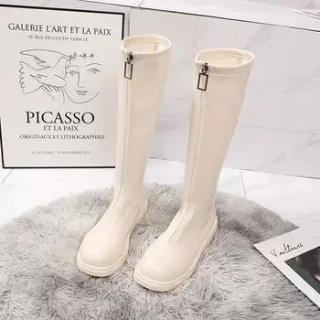 Обувь Длинные белые туфли для женщин с круглым носком женские сапоги зимние до колена с высоким голенищем элегантные с низким каблуком в продаже стильные 35