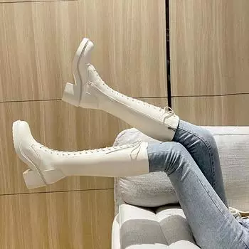 Обувь Длинные женские сапоги Элегантные туфли на высоком каблуке для женщин Зимние туфли на шнуровке до колена со шнурками Белые весенне-осенние туфли из искусственной кожи 35