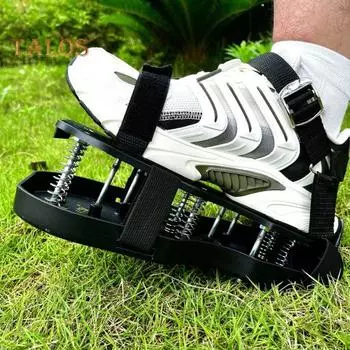 Обувь для аэрации газона Двухслойная обувь для аэрации с регулируемыми ремнями Пружинная основа Стальные шипы Обувь для ухода за газоном зелёный