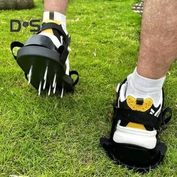 Обувь для аэрации газона Двухслойная обувь для аэрации с регулируемыми ремнями Пружинная основа Стальные шипы Обувь для ухода за газоном зелёный