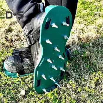 Обувь для аэрации газона с ремнями, регулируемая конструкция, предварительно собранные прочные сандалии с шипами, инструменты для аэрации газона зелёный