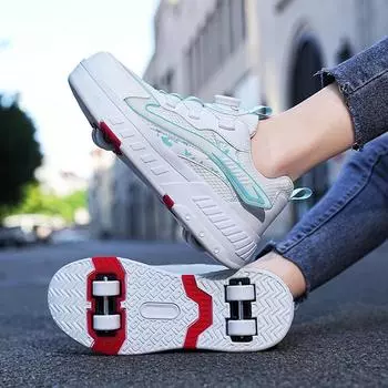 Обувь для бегства Четырехколесная может идти скользкая детская светящаяся обувь может уменьшаться взрывная обувь светодиодная светящаяся обувь белая Yo 30