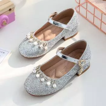 Обувь для девочек. Большие детские туфли принцессы с кристаллами. Маленькие детские туфли на высоком каблуке. 26 серебряный