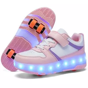 Обувь для девочек/детей с быстросъемным креплением на липучке, с четырьмя колесами, светодиодными фонариками, обувь для катания на роликах и роликовых коньках для мальчиков 29 розовый/фиолетовый