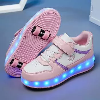 Обувь для девочек/детей с четырехколесной зарядкой и светодиодным фонарем, обувь для катания на колесах, обувь для катания на роликах для мальчиков 29 розовый/белый
