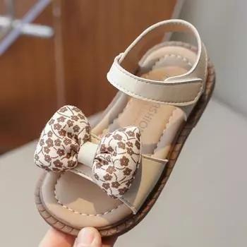 Обувь для девочек, детские сандалии, новые летние туфли принцессы для девочек, пляжная обувь на мягкой подошве, повседневная детская обувь с бантом 22 бежевый