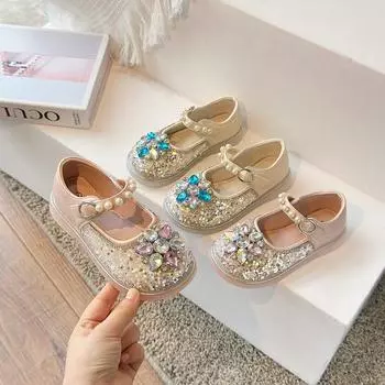 Обувь для девочек, детские туфли принцессы из кожи, новые осенние туфли для девочек с блестками и стразами, мягкая подошва с кристаллами 23 розовый