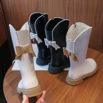 Обувь для девочек Детские высокие сапоги Осень и зима Новые зимние высокие кожаные сапоги Little Princess Fancy Plus Cashmere 26 чёрный