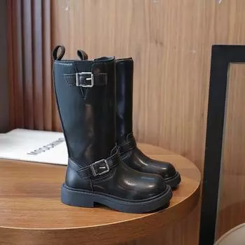Обувь для девочек Детские высокие сапоги Осень и зима Новые модные сапоги для детей среднего и старшего возраста Одинарные сапоги Высокие кожаные сапоги для маленьких девочек 22 чёрный