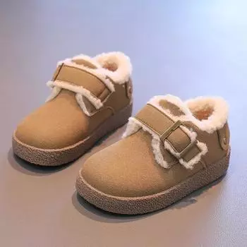 Обувь для девочек из хлопка 2024 года, новая зимняя детская обувь, мягкая, пушистая, универсальная, детская, модная, повседневная, плюшевая, однотонная, теплые туфли на плоской подошве 24 коричневый