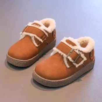 Обувь для девочек из хлопка 2024 года, новая зимняя детская обувь, мягкая, пушистая, универсальная, детская, модная, повседневная, плюшевая, однотонная, теплые туфли на плоской подошве 24 коричневый