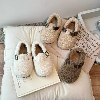 Обувь для девочек из хлопка, детские мокасины принцессы, плюшевые туфли с простой пряжкой для мальчиков, теплая повседневная обувь 2024 года, осень и зима 21 бежевый