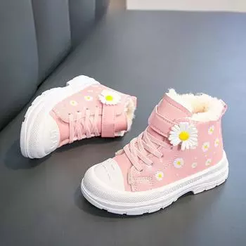 Обувь для девочек из хлопка с набивкой и утолщением, а также зимняя новая детская обувь для школьников, нескользящая, водонепроницаемая и теплая, ботинки для школьников 26 розовый