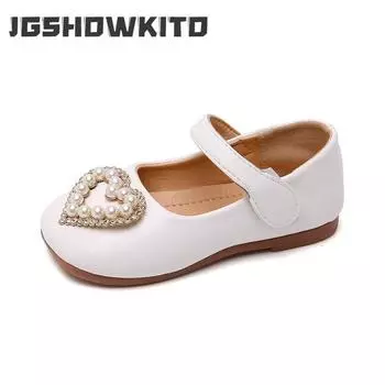 Обувь для девочек из кожи, детская школьная обувь на плоской подошве, детская модельная обувь, милая мягкая обувь принцессы с квадратными стразами в форме сердца, жемчугом, вечеринка 23 (inner 14.5cm)