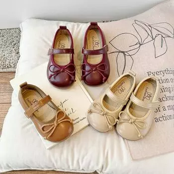 Обувь для девочек из кожи для вечеринки, свадьбы, модные детские туфли принцессы с бантом, нескользящие детские туфли на плоской подошве, мокасины 21 коричневый