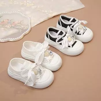 Обувь для девочек из парусины Air Mesh Детская повседневная спортивная обувь Детская обувь Heart Rhinestone Biscuit Весна и осень 2024 26 чёрный