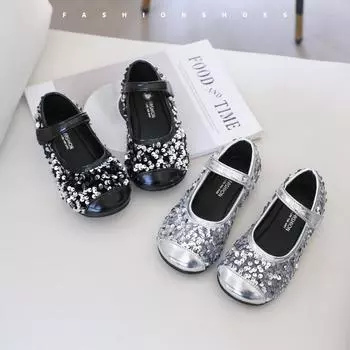 Обувь для девочек Кожаные туфли Блестящие туфли принцессы Новые дышащие Стразы для маленьких девочек Милая мягкая подошва Зарубежный стиль 26 серебряный
