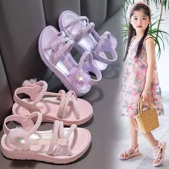 Обувь для девочек. Летние сандалии. Женские туфли принцессы на мягкой подошве с открытым носком. Детские сандалии среднего размера. 26 розовый