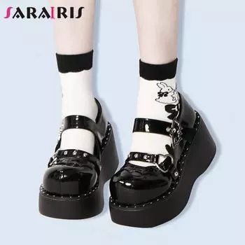 Обувь для девочек, милые милые туфли на танкетке с заклепками для косплея, туфли-лодочки на платформе в стиле Лолиты, женские черные туфли 43 чёрный
