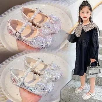 Обувь для девочек Новые детские кожаные туфли зарубежного производства Детские одинарные туфли Корейская версия Туфли принцессы с блестками для маленьких девочек 26 белый