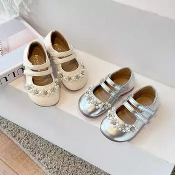 Обувь для девочек принцессы, детские балетки на плоской подошве, модная детская кожаная обувь для вечеринки, свадьбы, все комплекты 2024 года, весна-осень 23 бежевый