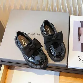 Обувь для девочек с бантом, модная детская школьная обувь в британском стиле, детская кожаная обувь для вечеринки, свадьбы, нескользящая 26 чёрный