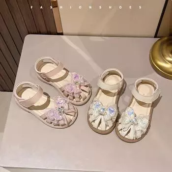 Обувь для девочек с полыми носами, детская пляжная обувь со стразами, летняя мода, детские сандалии принцессы с бантом 23 бежевый