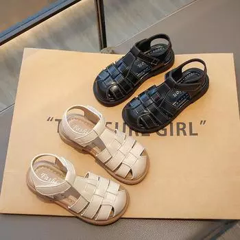 Обувь для девочек с полыми носками, детские сандалии принцессы, мягкая подошва, модная детская летняя пляжная обувь, универсальная, нескользящая 25 чёрный