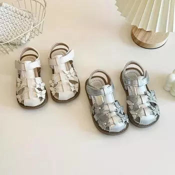 Обувь для девочек с полыми носками, мягкая подошва, детские сандалии принцессы с бабочкой-узлом, нескользящая детская летняя пляжная обувь 2024 года, новинка 22 серебряный