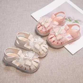Обувь для девочек с полыми носками. Туфли для маленьких детей с изображением принцессы из мультфильма «Кролик» и бантом. Летняя пляжная обувь для детей. Противоскользящая. 22 бежевый