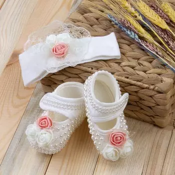 Обувь для девочек с пудровым жемчугом, повязка на голову