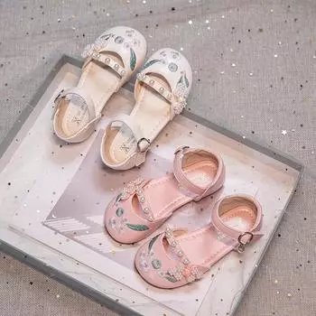 Обувь для девочек с вышитыми цветами в китайском этническом стиле с мягкой подошвой, жемчужные туфли для принцессы, модные детские милые полуботинки 26 розовый