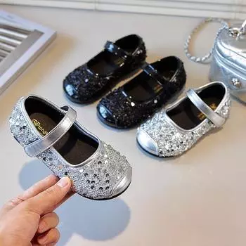 Обувь для девочек, туфли принцессы, новые детские туфли, мягкие туфли из кожи, туфли с блестящими кристаллами для маленьких девочек 26 серебряный