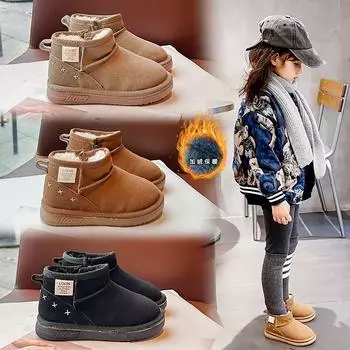 Обувь для девочек, зимние сапоги, новые бархатные утолщенные детские хлопковые сапоги, симпатичные короткие сапоги с бантом на мягкой подошве, зимние 26 чёрный