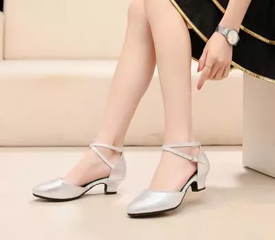 Обувь для латинских танцев, бальные женские туфли для взрослых, танцевальная обувь на среднем каблуке 3,5 см, танго, сальса 34 серебряный