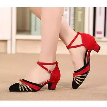 Обувь для латинских танцев, бальные женские туфли для взрослых, танцевальная обувь на среднем каблуке 3,5 см, танго, сальса 34 красный/золотой