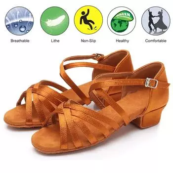 Туфли для латиноамериканских танцев для девочек на низком каблуке, мягкая подошва, женские туфли для современных бальных танцев, каблук 3,5 см 35 коричневый