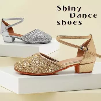Обувь для латинских танцев для девочек, тканевая детская обувь с блестками, сценическая обувь на низком каблуке, мягкая подошва для дома 30 золотой