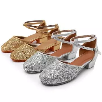 Обувь для латинских танцев для девочек, тканевая детская обувь с блестками, сценическая обувь на низком каблуке, мягкая подошва для дома 30 золотой