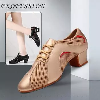 Обувь для латинских танцев для женщин и взрослых, средний каблук, мягкая подошва, дышащая сетчатая обувь для бальных танцев Cha Cha 34 чёрный