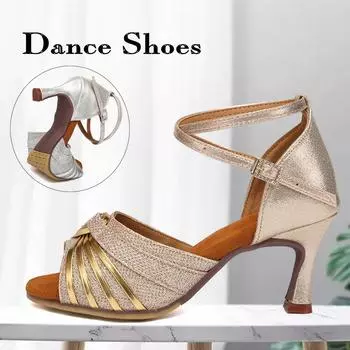 Обувь для латинских танцев для женщин и девочек на среднем каблуке, мягкая резиновая подошва, современная квадратная обувь для бальных танцев сальса-танго 34 золотой