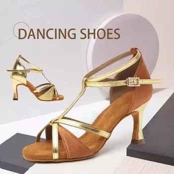 Туфли на Т-образном ремешке для латиноамериканских танцев, женские взрослые туфли для латиноамериканских бальных танцев, на высоком каблуке, танго, сальса, для вечеринок, каблук 8,5 см 34 золотой