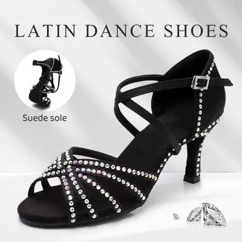 Обувь для латинских танцев с бриллиантами для женщин и девочек, бальные танцевальные туфли для вечеринок и тренировок с мягкой подошвой на каблуке 7 см 34 чёрный
